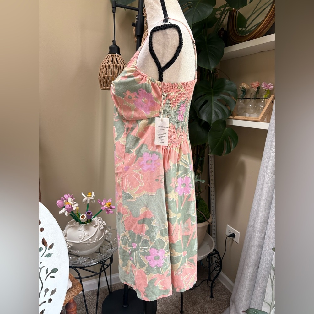 NWT Floral Tie-Front Linen Mini Dress in Pink & Green by Jessica Simpson - Picture 4 of 9